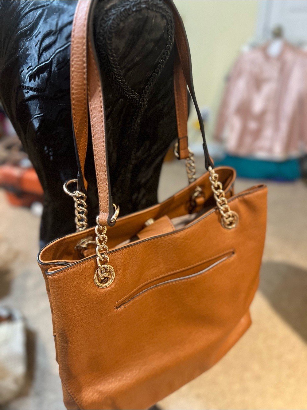 LC Lauren Conrad Cognac Shoulder Tote with Gold Chain Details